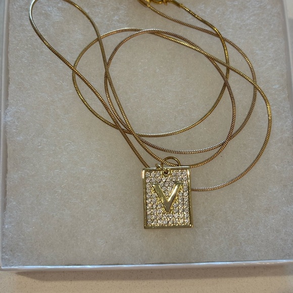 Gold Tone Pendant Necklace with Crystal Accents and Letter V - Picture 1 of 1